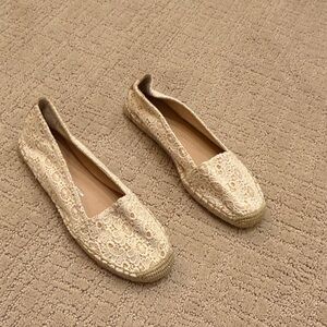 Lace Crochet Espadrille Flats in Cream